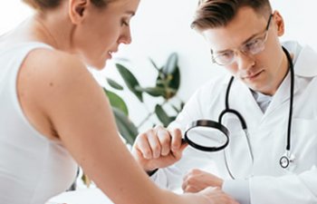 Doctor examining the skin on the patient's hand